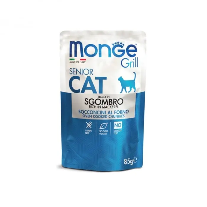 Hrana umeda pentru pisici Monge Grill Chunkies Senior cu macrou 85 gr