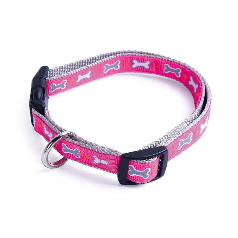 Zgarda nylon pentru caini, roz, cu decor os, ajustabila, 30-45 cm x 1.6 cm