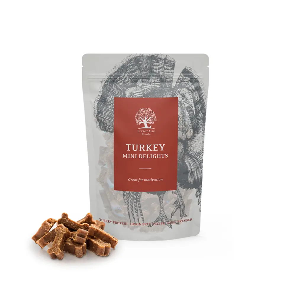 ESSENTIAL Mini Delights, XS-S, Curcan, punguță recompense fără cereale câini, 100g