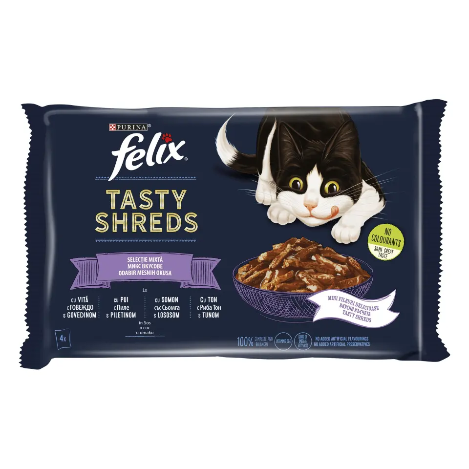 Felix Tasty Shreds Plic Selectie Mixta Vita/Pui/Somon/Ton 4x80 g