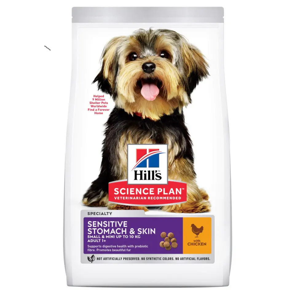 Hills SP CANINE ADULT S&M SENS STOM&SKIN CHK, hrana uscata pentru caini adulti de talie mica si mini, cu pui,1.5 KG