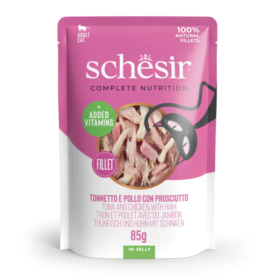 SCHESIR Complete Nutrition Ton, Pui și Șuncă, plic hrană umedă pisici, (în aspic), 85g