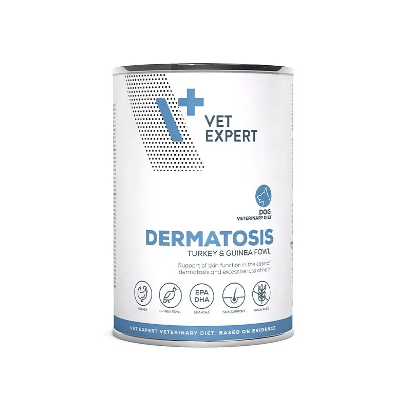Hrana dietetica umeda pentru caini adulti Vet Expert Dermatosis Dog, curcan si bibilica, 400 g