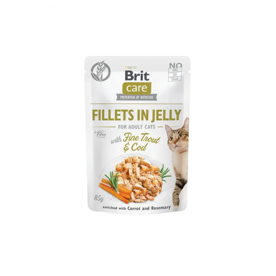 BRIT Care Fillets in Jelly, Păstrăv și Cod, plic hrană umedă fără cereale pisici, (în aspic), 85g