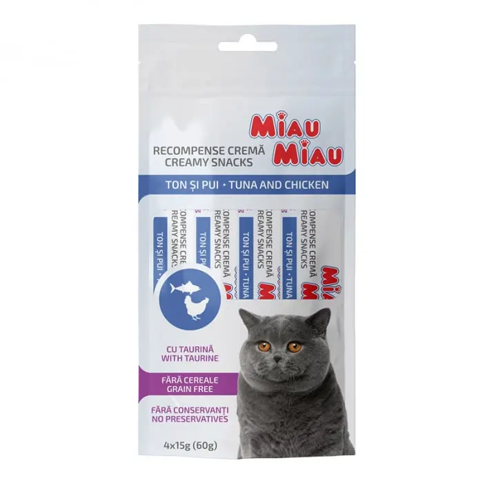 Recompense pentru pisici Miau Miau Creamy Snacks cu ton pui 4 buc x 15 gr