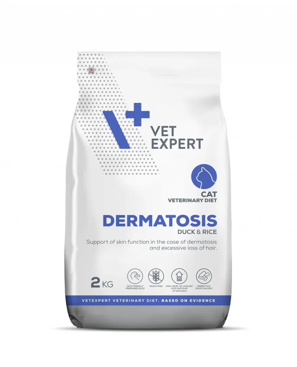 Hrana dietetica pentru pisici cu dermatite Vet Expert Dermatosis Cat, rata si orez, 2 kg
