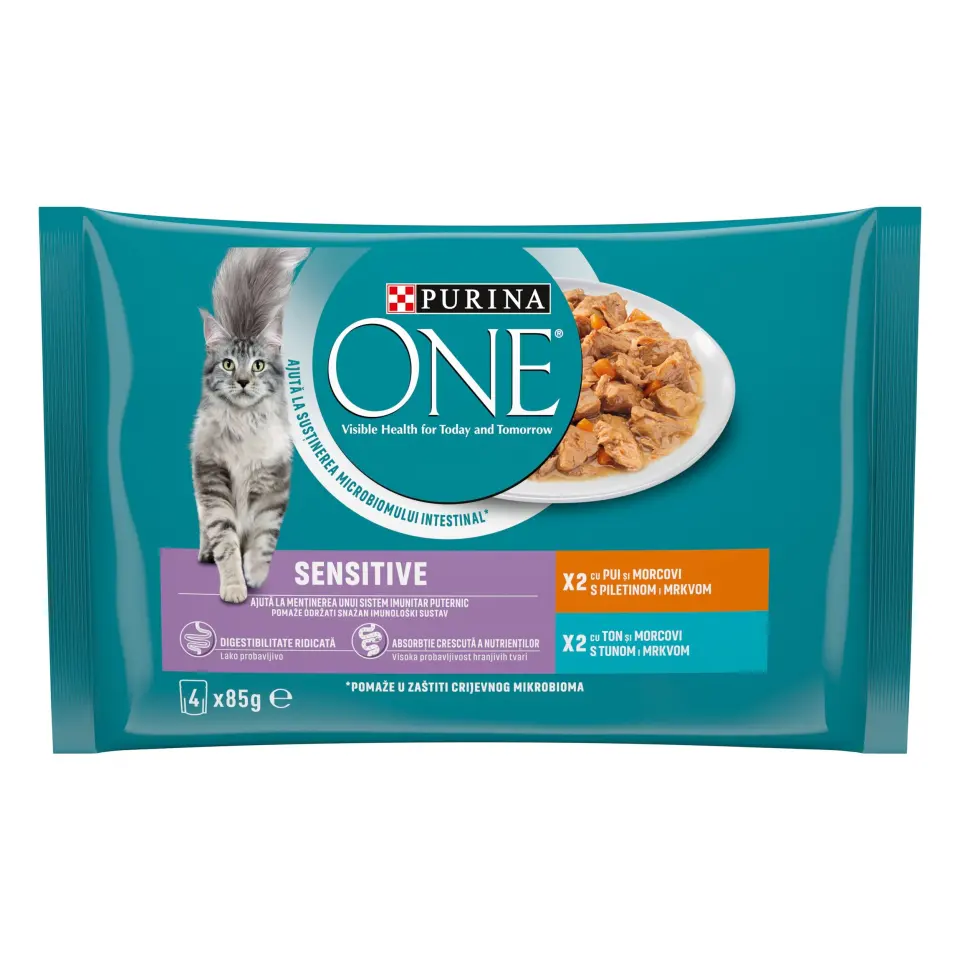 PURINA ONE SENSITIVE, Pui/ Ton, Mini Fileuri in Sos, 4x85 g