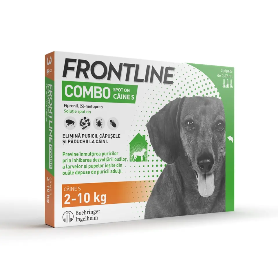 Frontline Combo, soluție spot-on antiparazitara, caini FRONTLINE Combo, spot-on, soluție antiparazitară, câini 2-10kg, 3 pipete