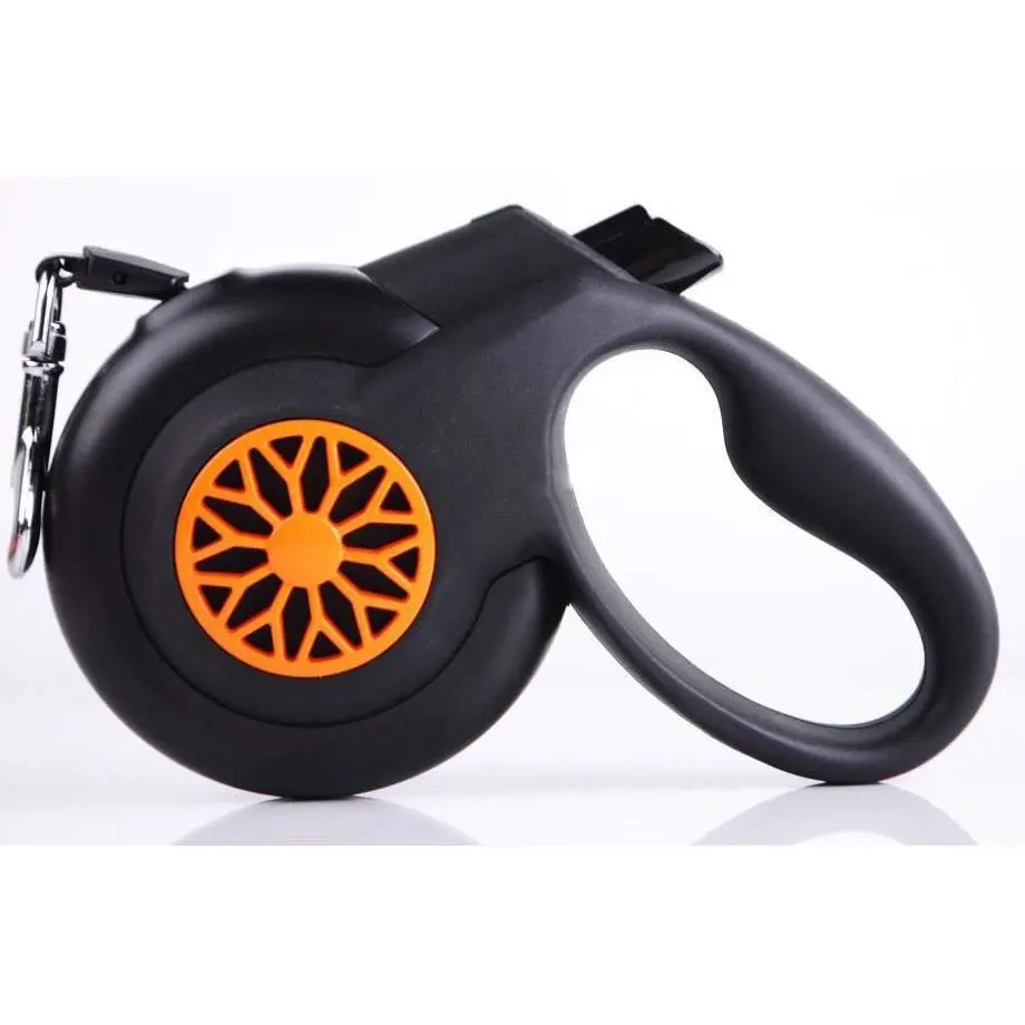 Lesa retractabila, neagra si portocalie, lungime 5 m, pentru caini cu greutate de 5-12 kg