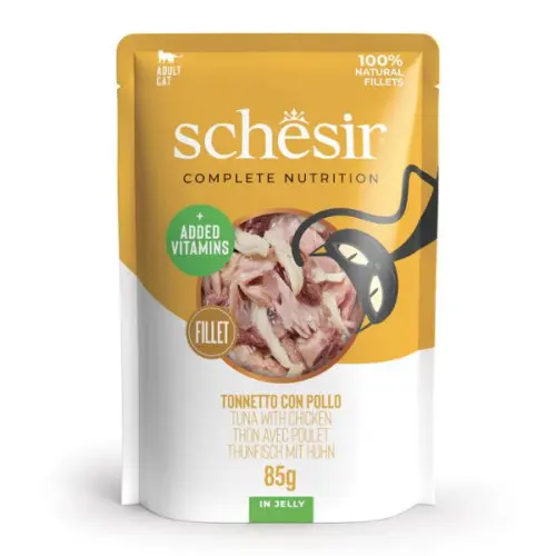Hrana umeda pentru pisici Schesir plic cu ton si pui in jeleu 85 g