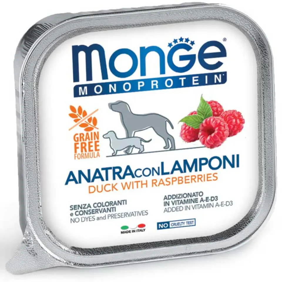 MONGE Monoprotein, XS-XL, Rață și Zmeură, tăviță hrană umedă monoproteică fără cereale câini, (pate), 150g