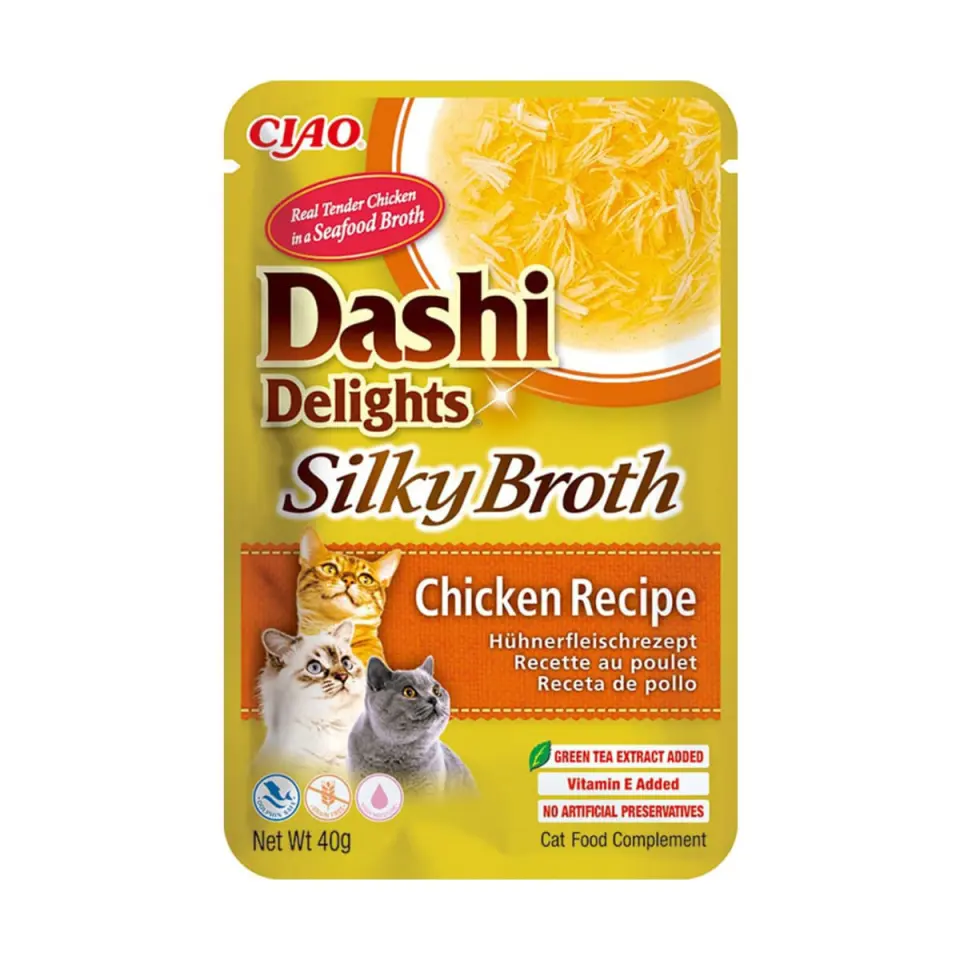 INABA Churu Dashi Delights Silky Broth, Pui, plic hrană umedă fără cereale pisici, (topping), 40g