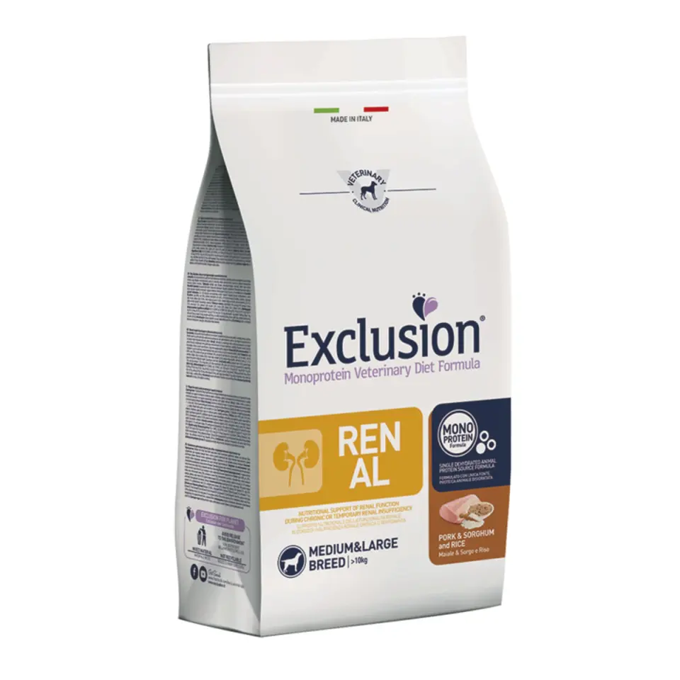 EXCLUSION Monoprotein Veterinary Diet Formula Renal, M-XL, Porc și Sorg, dietă veterinară, hrană uscată monoproteică câini, sistem renal, 12kg