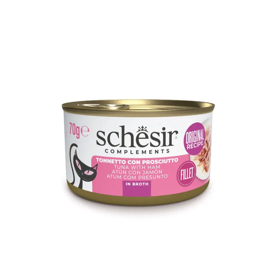 SCHESIR Complementary In Broth, Ton și Șuncă, conservă hrană umedă pisici, (în supă), 70g
