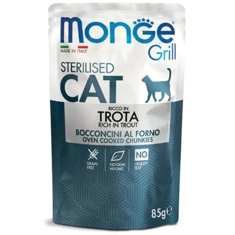 Hrana umeda pisici, Monge Grill Sterilised, Pastrav, 85 g
