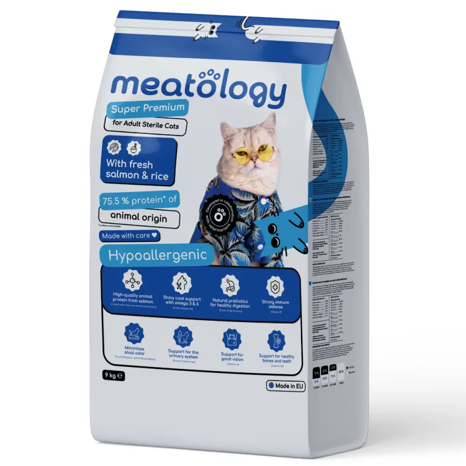 MEATOLOGY Adult Sterile Cats, Somon și Orez, hrană uscată pisici sterilizate, 9kg
