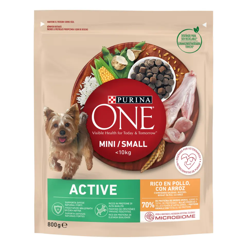 PURINA ONE MINI Active, Pui si Orez, hrana uscata pentru caini, 800 g