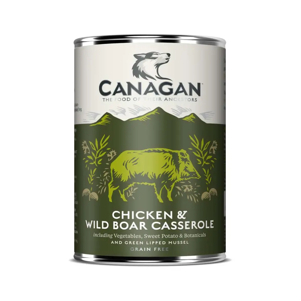 CANAGAN Chicken&Wild Boar Casserole, XS-XL, Pui și Mistreț, conservă hrană umedă fără cereale câini junior & adult, (în supă), 400g