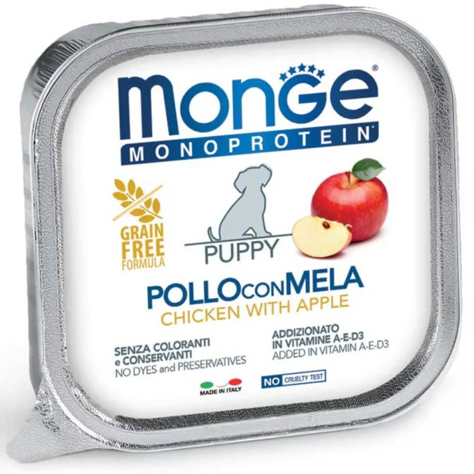 MONGE Monoprotein Puppy&Junior, XS-XL, Pui și Măr, tăviță hrană umedă monoproteică fără cereale câini junior, (pate), 150g