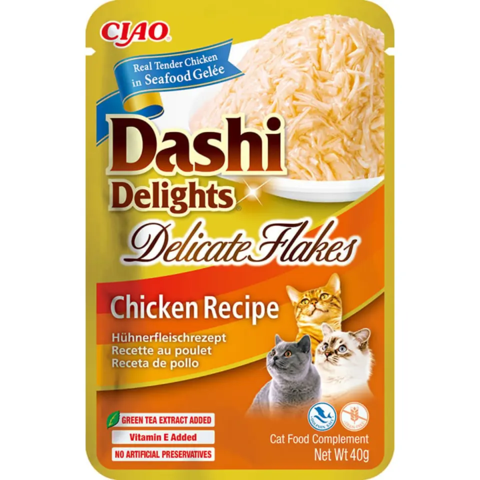 INABA Churu Dashi Delights Delicate Flakes, Pui, plic hrană umedă fără cereale pisici, (topping), 40g
