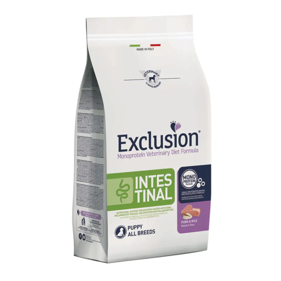 EXCLUSION Monoprotein VD Intestinal Puppy, XS-XL, Porc și Orez, dietă veterinară, hrană uscată câini junior, sistem digestiv, 12kg