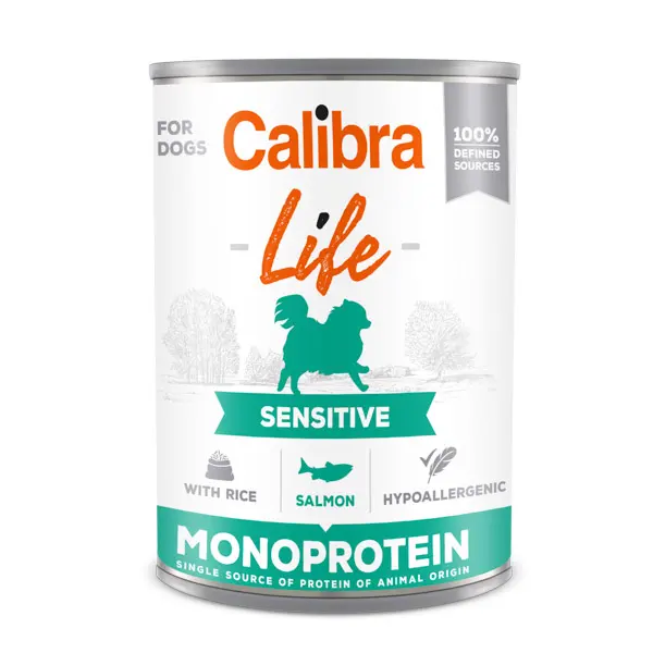 Calibra Dog Life Sensitive, hrana umeda pentru caini adulti cu digestie sensibila, cu orez si somon, 6 x 400 g