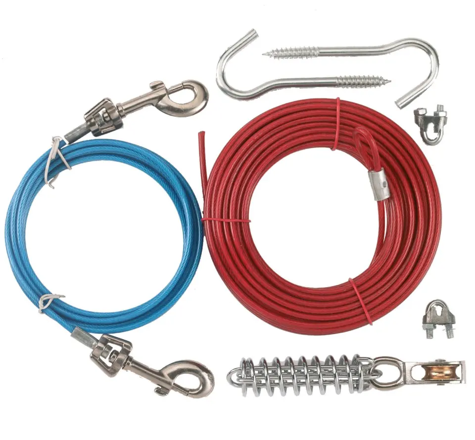 Set cablu curte, metalic, lungime cablu 15 m, pentru caini cu greutate de pana la 30 kg, invelis PVC, eliberare de tractiune