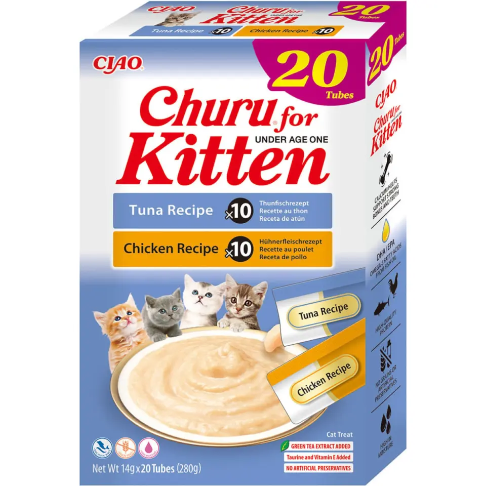 INABA Churu Creamy Kitten Varieties, Pui și Ton, cutie recompense fără cereale pisici junior, (piure), 280g