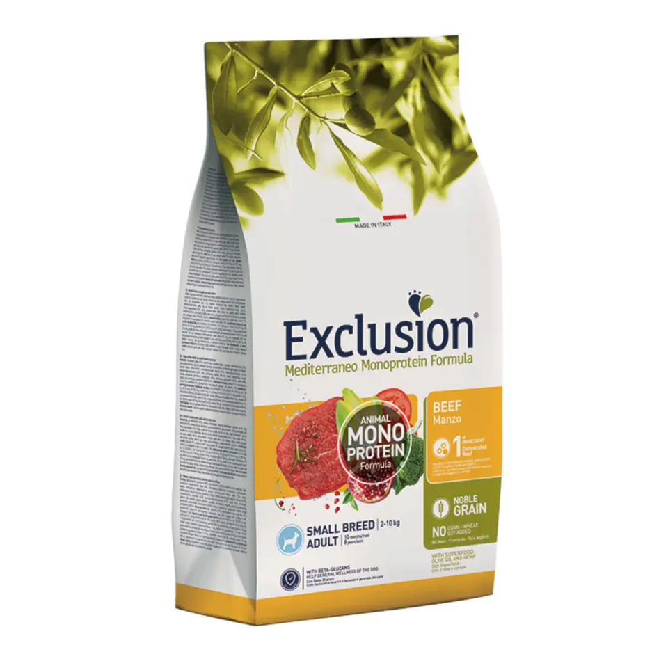 EXCLUSION Mediterraneo Monoprotein Formula Small Breed, XS-S, Vită, hrană uscată monoproteică câini, 2kg