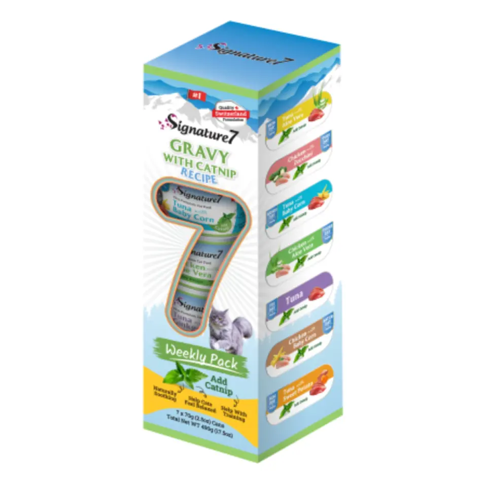 SIGNATURE7 Weekly Pack Gravy with Catnip Receipe, Ton și Pui, conservă hrană umedă fără cereale pisici, (în sos), multipack, 70g x 7buc