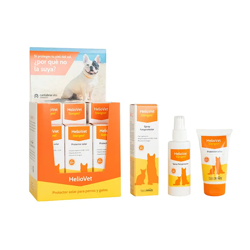 OFERTA Protectie solara SPF50 pentru caini si pisici Heliovet, 3 creme, 3 spray-uri, borseta cu notebook si protectie solara pentru uz uman