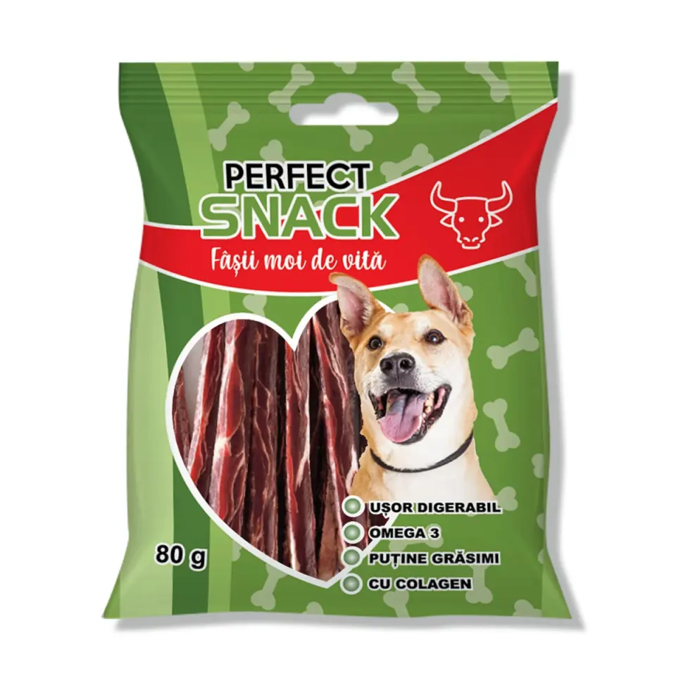 PERFECT SNACK Fâșii Moi, XS-XL, Vită, punguță recompense câini, 80g