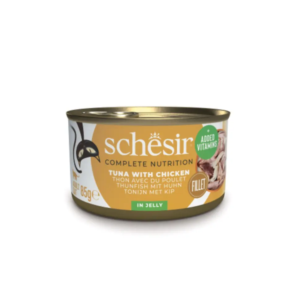 SCHESIR Complete Nutrition, Ton și Pui, conservă hrană umedă pisici, (în aspic), 85g