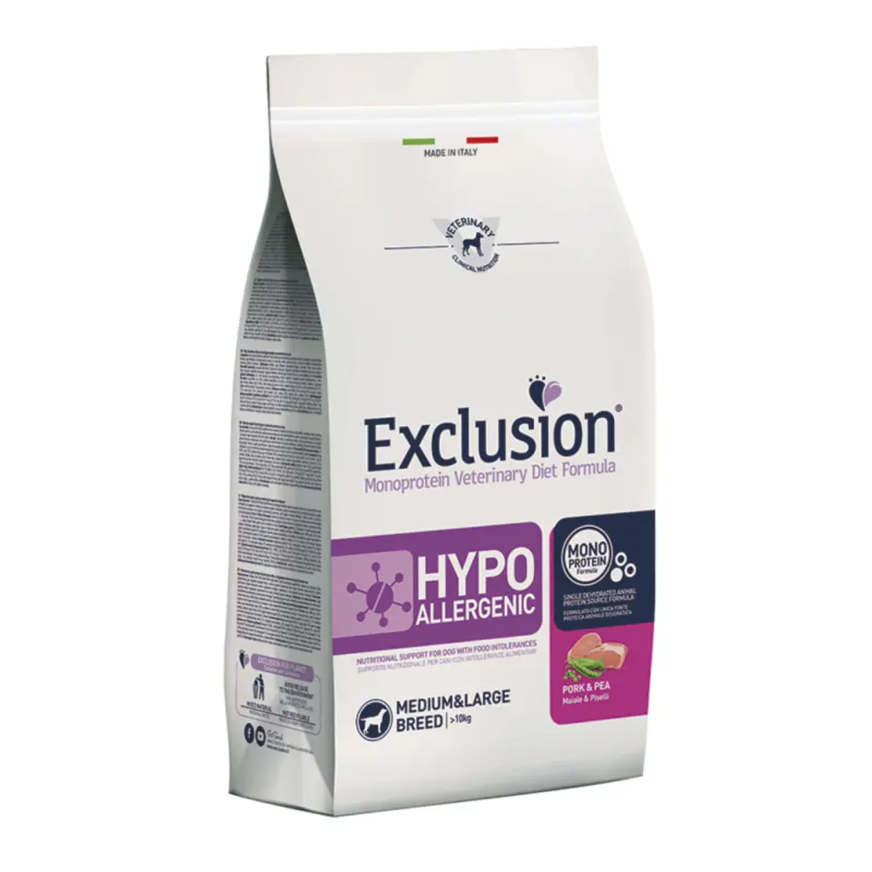 EXCLUSION Monoprotein VD Hypoallergenic Medium&Large, M-XL, Porc și Mazăre, dietă veterinară, hrană uscată fără cereale câini, alergii, 2kg