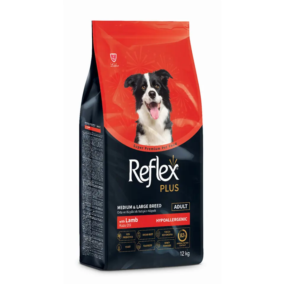 Reflex Plus, hrana uscata superpremium, hipoalergenica, pentru caini adulti, cu miel si orez 12 kg