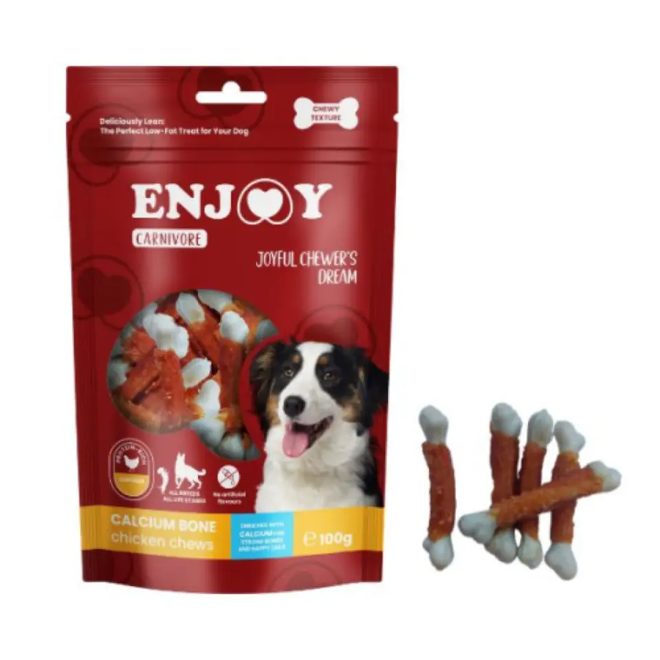 ENJOY Carnivore Calcium Bone Chews, XS-XL, Pui, punguță recompense câini, 100g