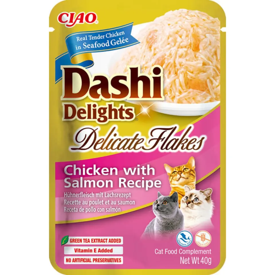 INABA Churu Dashi Delights Delicate Flakes, Pui și Somon, plic hrană umedă fără cereale pisici, (topping), 40g