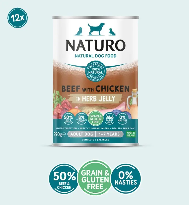 Conserva Naturo Adult cu Carne de Vita si Pui, Amestec de Legume si Fructe in Jeleu cu Ierburi Aromatice 390g