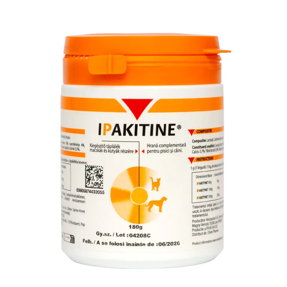 VETOQUINOL Ipakitine, supliment sistem renal câini, pudră VETOQUINOL Ipakitine, XS-XL, supliment sistem renal câini și pisici, flacon, 180g pudră