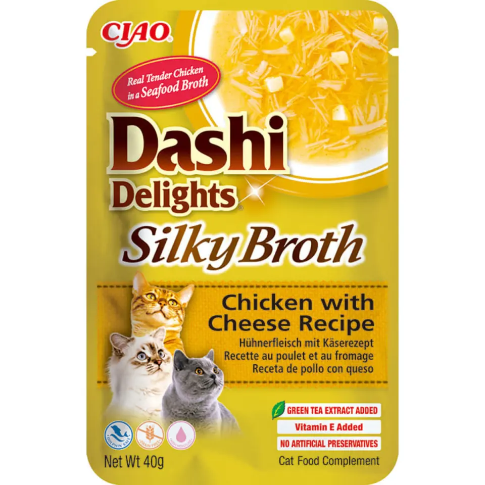 INABA Churu Dashi Delights Silky Broth, Pui și Brânză, plic hrană umedă fără cereale pisici, (topping), 40g