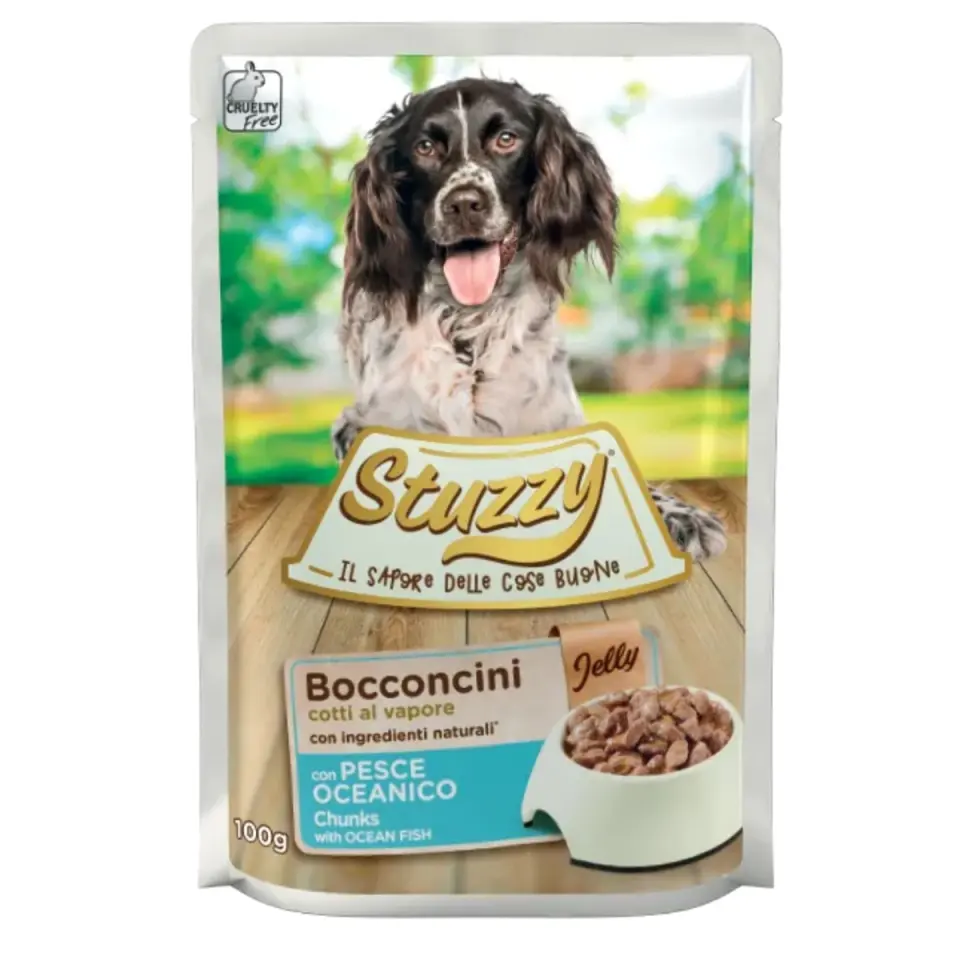 STUZZY Chunks, XS-XL, Pește, plic hrană umedă câini, (în aspic), 100g