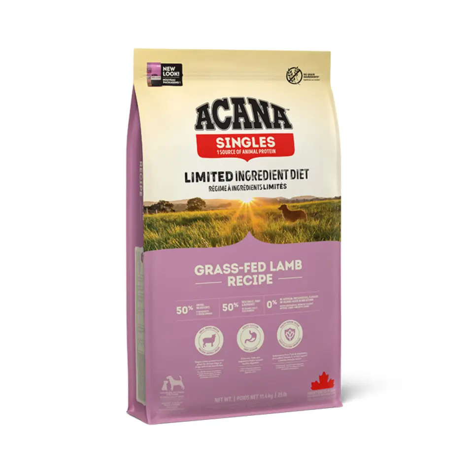 ACANA Singles Grass-Fed Lamb, Miel și Mere, hrană uscată monoproteică fără cereale câini, 11.4kg