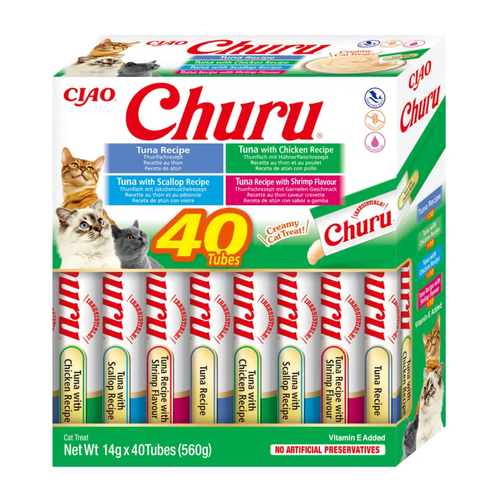 INABA Churu Creamy Varieties, Ton și Fructe de Mare, cutie recompense fără cereale pisici, (piure), 560g