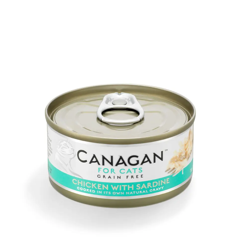 CANAGAN, Pui și Sardine, conservă hrană umedă fără cereale pisici junior & adult, (în suc propriu), 75g