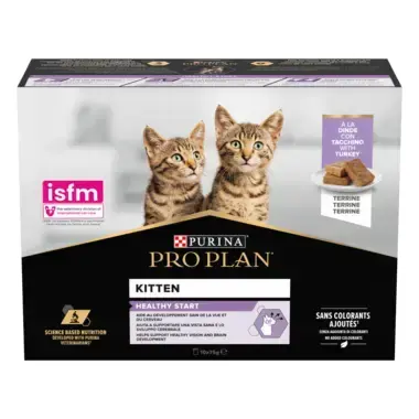 Pachet 10 buc x 85 gr Hrana umeda pentru pisici Pro Plan Kitten Healthy Start cu curcan