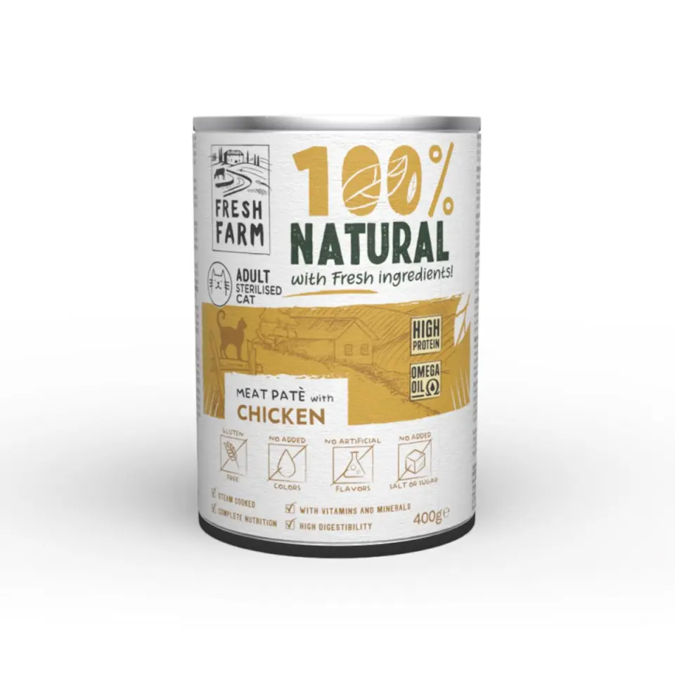 FRESH FARM Smooth Sterilised, Pui, conservă hrană umedă pisici sterilizate, (pate), 400g
