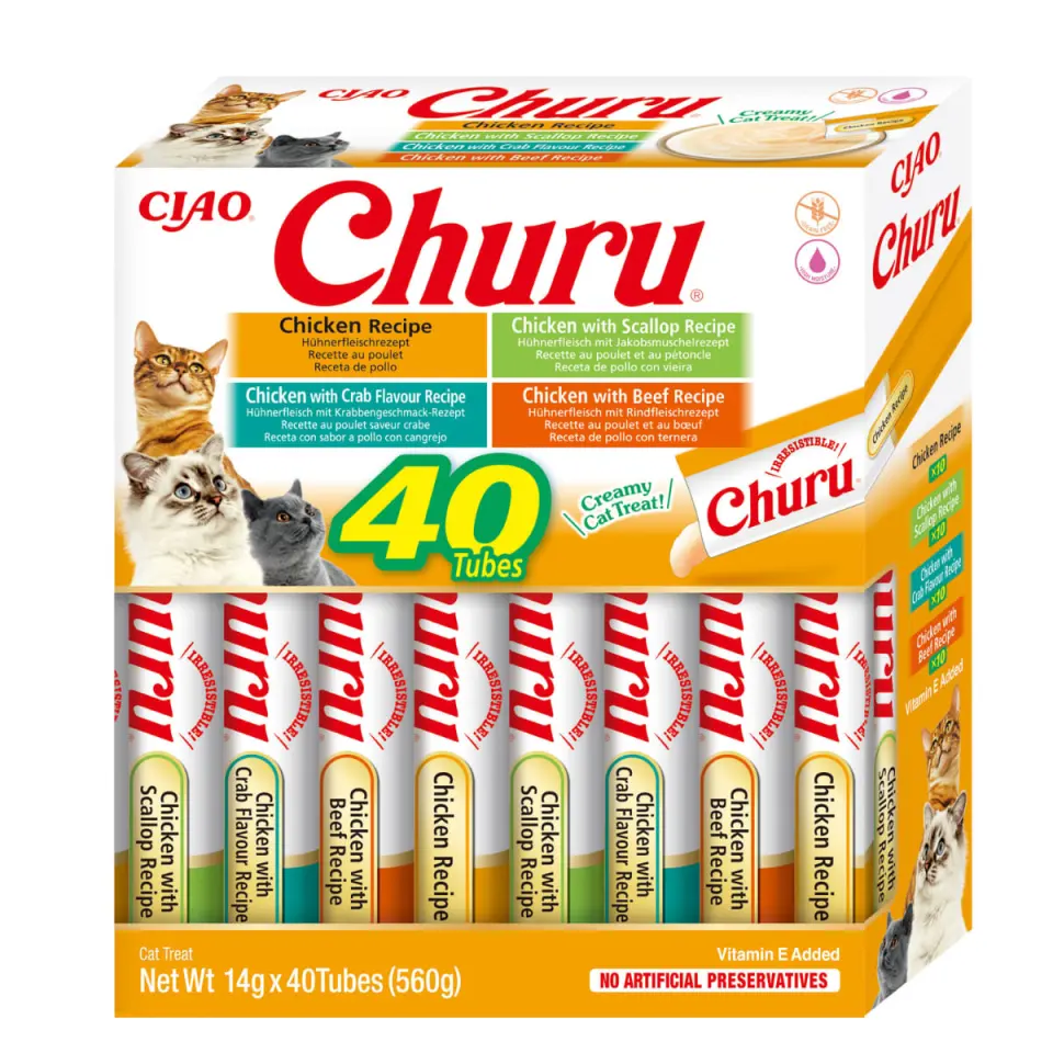 INABA Churu Creamy Varieties, Pui, cutie recompense fără cereale pisici, (piure), 560g