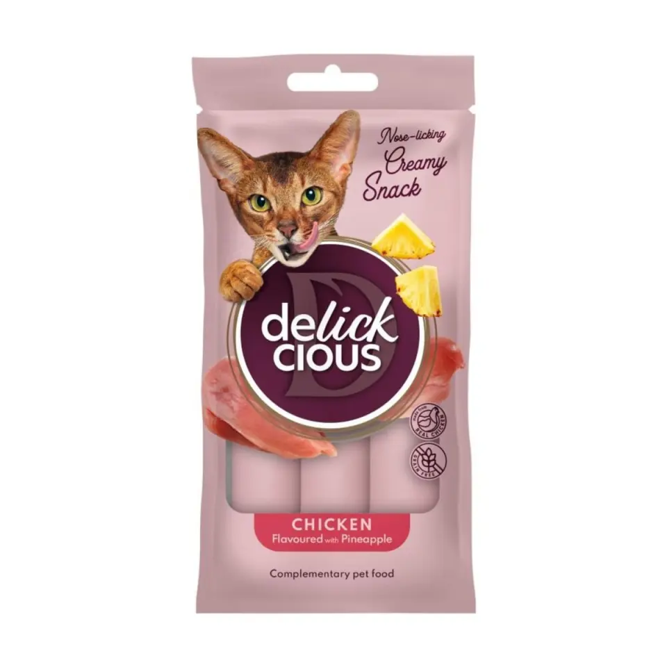 DELICKCIOUS Creamy Snack, Pui și Ananas, plic recompense pisici, 60g