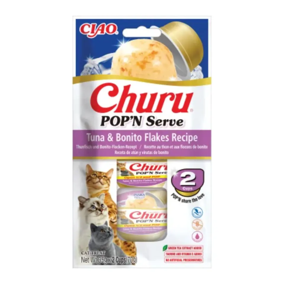 INABA Churu Pop'n Serve, Ton și Fulgi de Bonito, bol hrană umedă fără cereale pisici, (în aspic), 70g