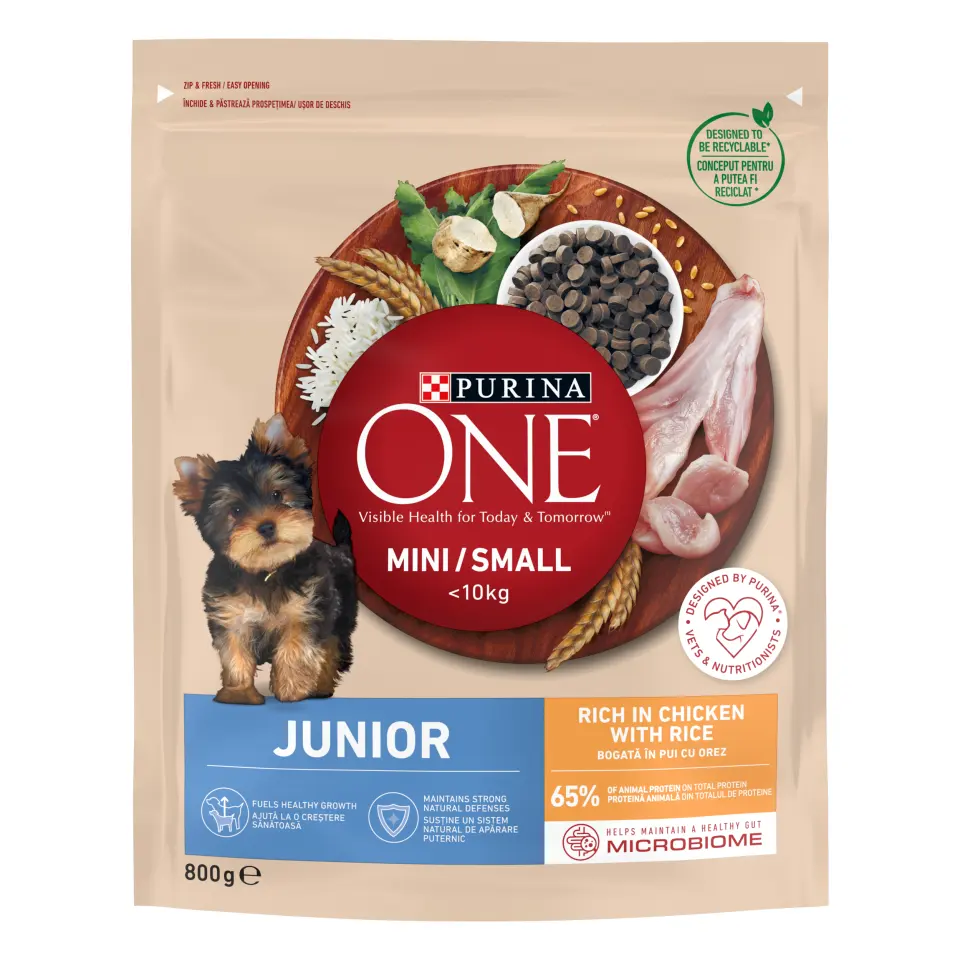 PURINA ONE MINI Dog Junior, Pui si Orez, hrana uscata pentru caini, 800 g